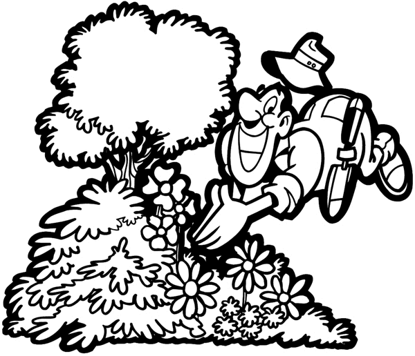 Gardener diving into bushes vinyl sticker. Customize on line. Gardening 045-0138
